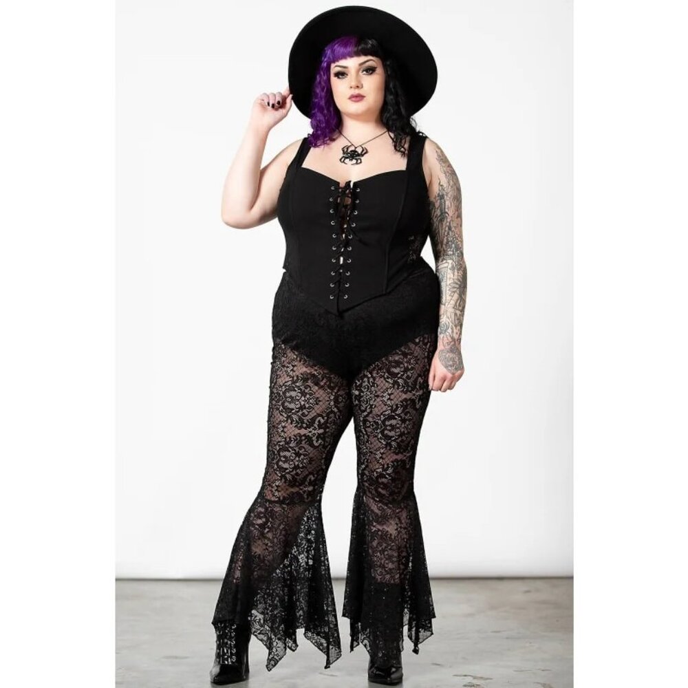 Killstar Spectral Lure Lace Bell Bottoms Flares Plus Size 4XL Black‎ Goth Pants